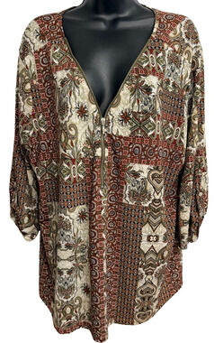 Naif Tunic Blouse Women's 3X Rust Paisley Patchwork V-Neck Zip Top Chic Boho
